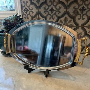 Vintage KROMEX Chrome Serving Tray Brass Handles Mid Century Modern USA Made